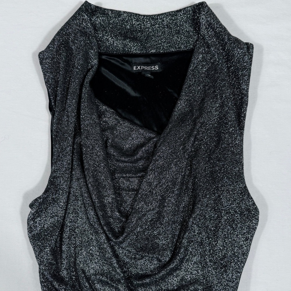 Express Metallic Silver Charcoal Cowl Ruched Sleeveless Club Whimsigoth Med Top - Picture 3 of 13